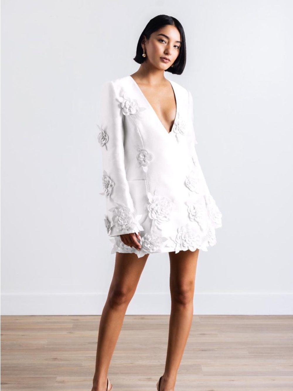 White Floral Appliqué V-Neck Mini Dress